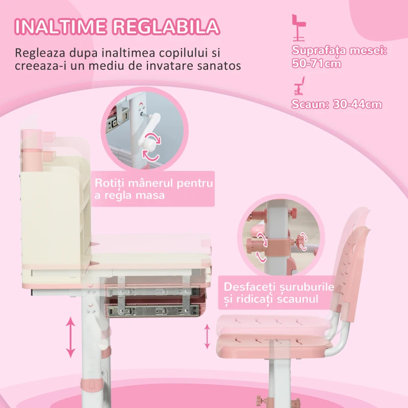 HOMCOM Set Birou și Scaun pentru Copii de la 3 Ani, Reglabil, Masă Înclinabilă la 60° cu Sertar și Rafturi, Roz