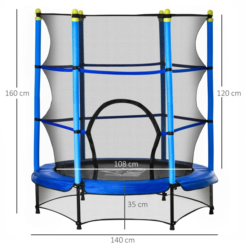 HOMCOM Trampoline Enfant Ø 1,40 × 1,60H m Filet de sécurité Porte zipée Couvre-Ressorts 6 poteaux rembourrés Inclus Bleu