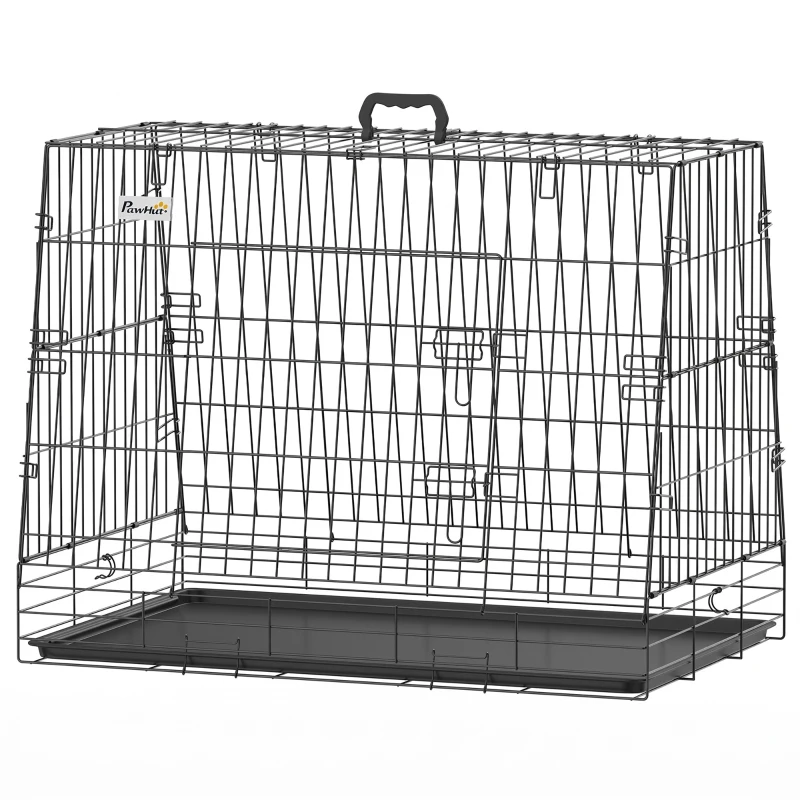 PawHut 35"(90 cm) Car Dog Crate Medium Large Collapsible Slanted Travel Dog Cage with Tray for Car Boot