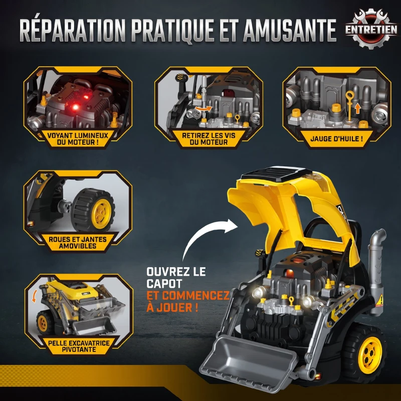 AIYAPLAY Jouet Moteur de Camion et Pelle pour Enfants, Camion Mécano, Volant, Effet de Brume, Sonores et Lumineux, 3-6 Ans, Jaune