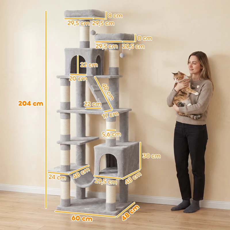 PawHut Árbol Rascador para Gatos 204 cm Multinivel con 2 Cuevas Hamaca 2 Camas Postes de Sisal Escalera y 2 Bolas Gris Claro