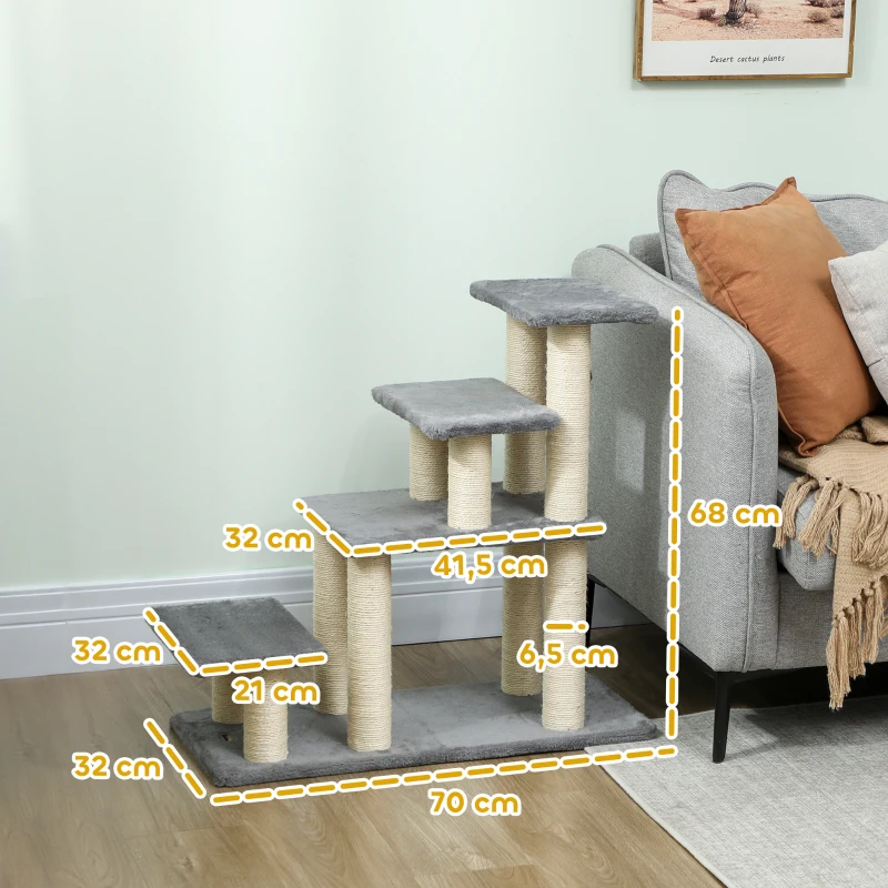 PawHut Escalier pour animaux domestiques réglable 3/4 marches échelle pour chat chien griffoirs sisal 70 x 32 x 68 cm gris
