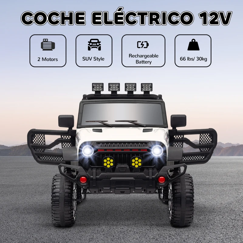 AIYAPLAY Coche Eléctrico para Niños de +3 Años con Batería 12V Mando a Distancia Faros LED Bocina Música Blanco