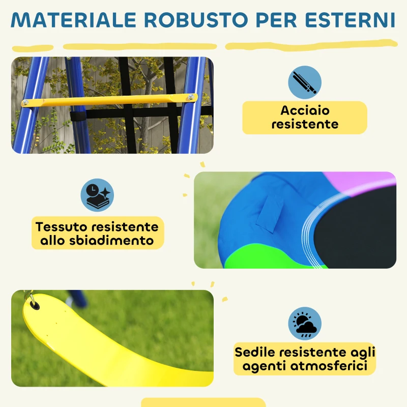 AIYAPLAY Gioco per Bambini 3-8 Anni con 3 Altalene, Scala a Corda e Canestro Basket, in Acciaio, PE e PP, 3.5x1.8x2 m