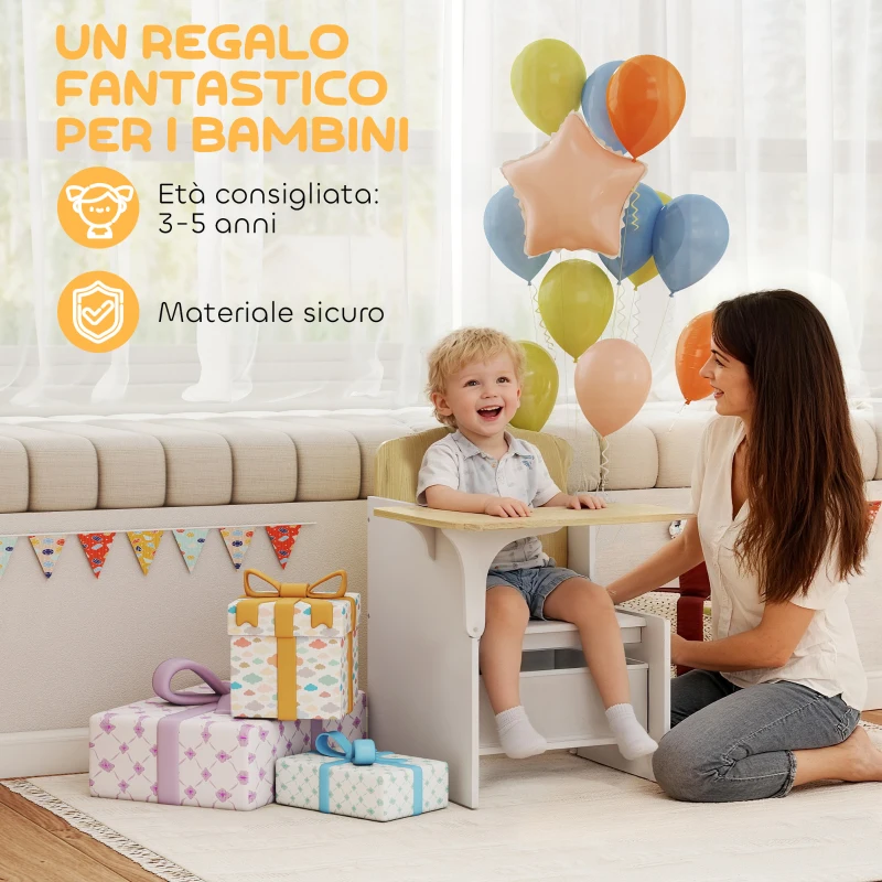 AIYAPLAY Set Tavolo e Sedia per Bambini 3-5 Anni in Legno MDF con Motivi a Cuore, Contenitore Integrato, Bianco