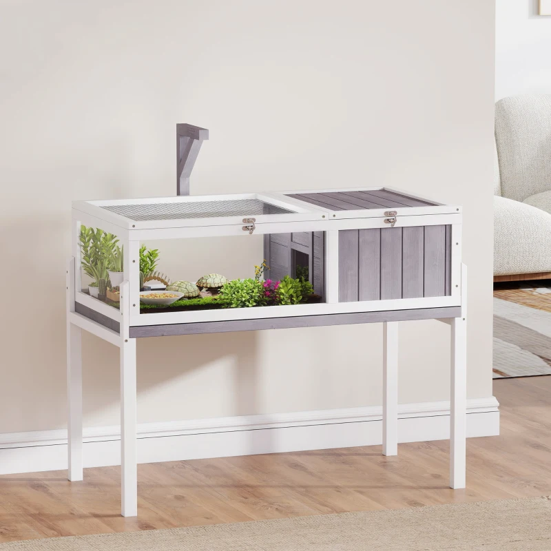 PawHut Wooden Tortoise House with Dual-Zone Habitat, Clear Panels, Openable Top, Metal Mesh, for Tortoises and Small Pets, Grey