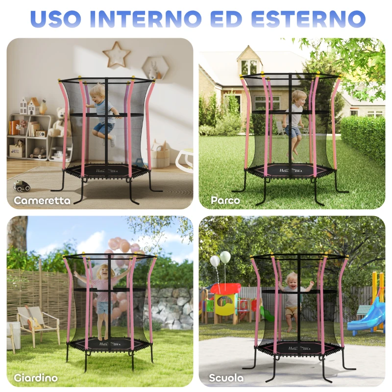 HOMCOM Tappeto Elastico per Bambini con Ingresso a Cerniera e Pali Imbottiti, in Acciaio, PP e EPE, 122x111x190 cm, Rosa