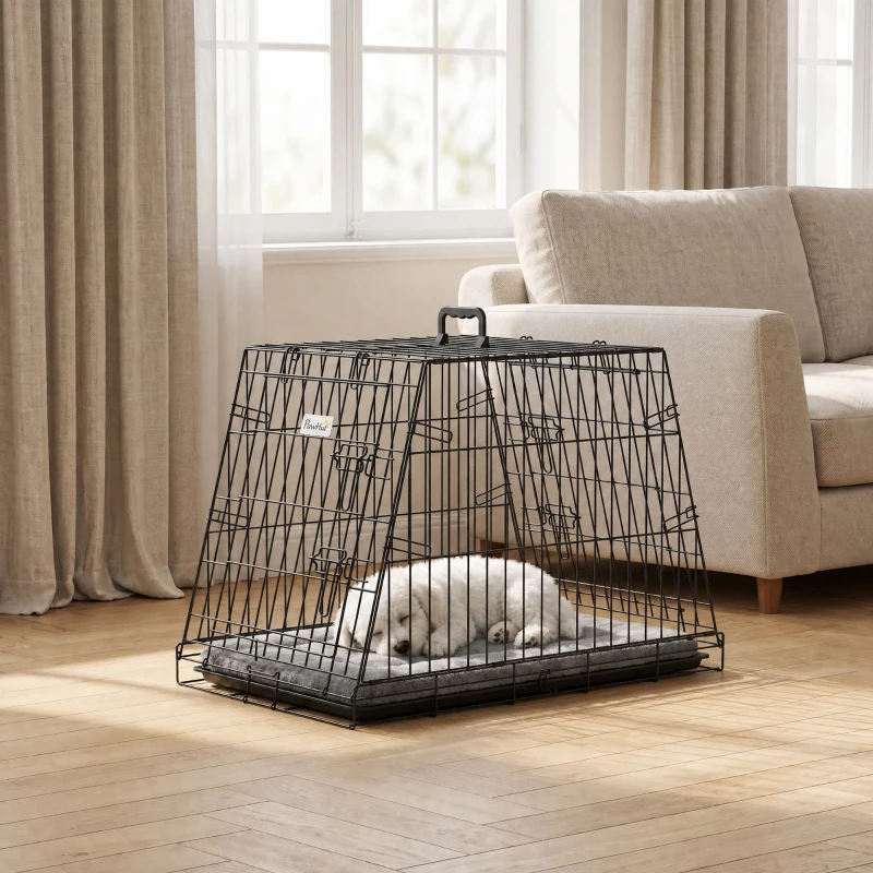 PawHut 30"(76 cm) Car Dog Crate Collapsible Slanted Travel Small Dog Cage with Tray & Handle 76L x 48W x 53H cm