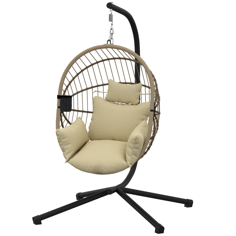 Outsunny Fauteuil Œuf Suspendu, Chaise Hamac Balançoire Intérieur et Extérieur, Panier Pliable, Coussin Rembourré, Kaki