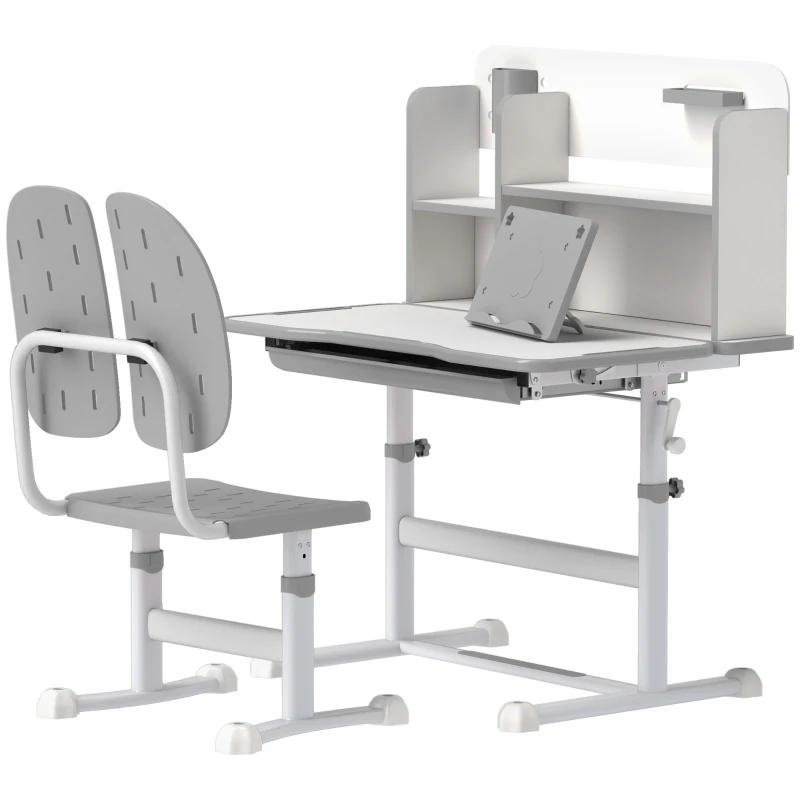 AIYAPLAY Height Adjustable Kids Desk and Chair Set, Children School Study Desk with Tiltable Desktop, Reading Rack, Grey