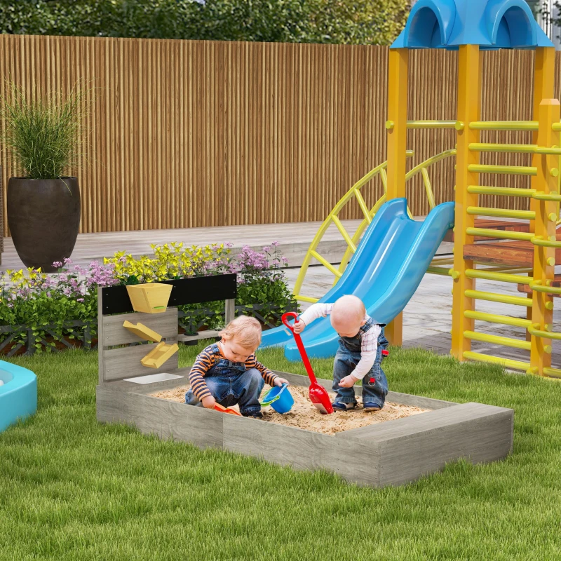 Outsunny Arenero Infantil con 2 Asientos 2 Cajas para Plantar y Juguete de Cocina para Patio Jardín 154x80x60 cm Gris
