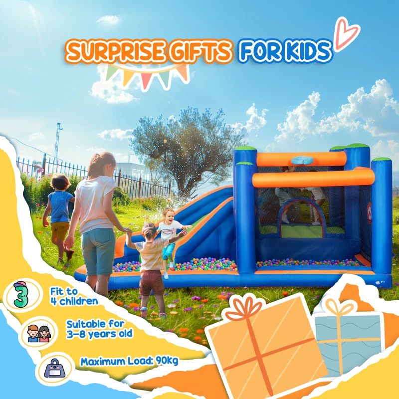 Outsunny Castello Gonfiabile per Bambini 3-8 Anni con Scivolo, Trampolino e Piscina, 380x340x170cm