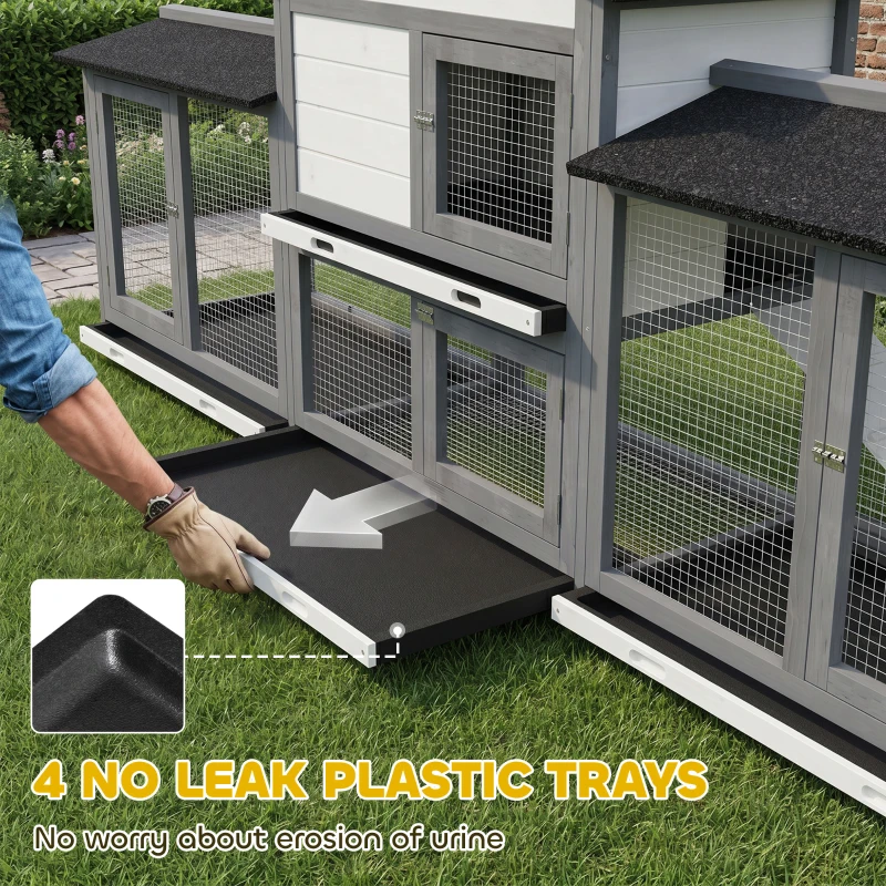PawHut 2-Tier Large Rabbit Hutch Outdoor with Double Side Run Boxes, No-leak Plastic Tray, Ramp, 230 x 53 x 93.5cm, Light Grey