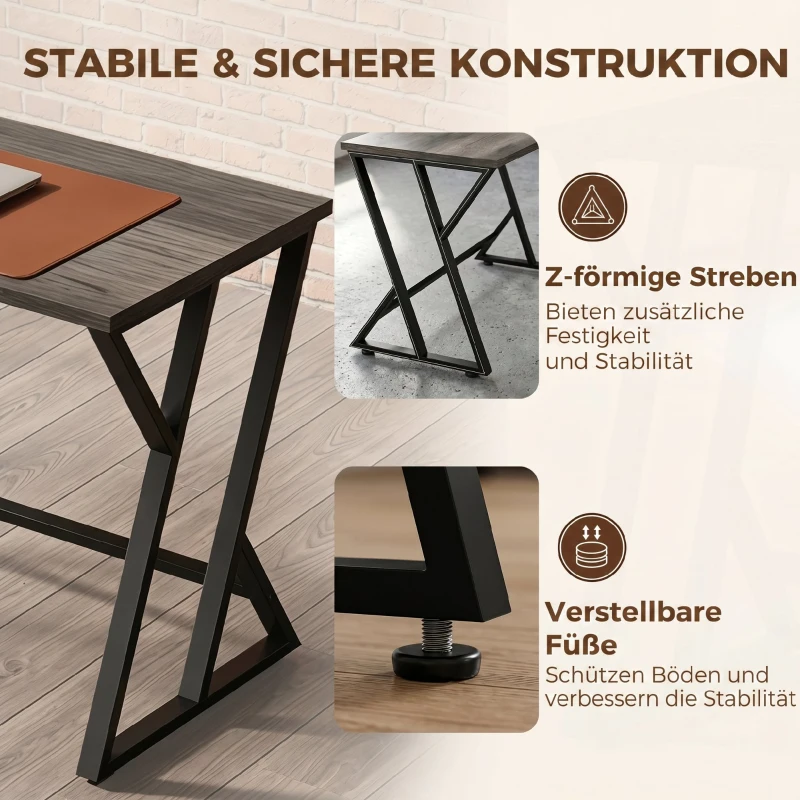 HOMCOM Schreibtisch Computertisch 120x60cm Bürotisch mit Z-förmigem Metallfuß, Holzoptik, Industriedesign für Büro, Grau