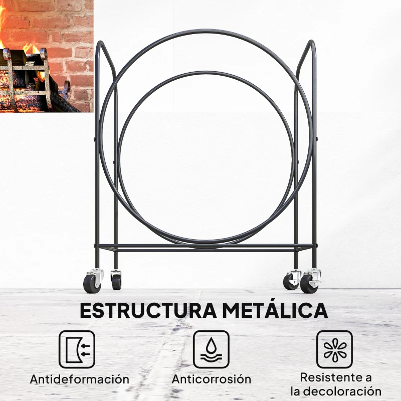 Outsunny Leñero Exterior Metálico de Chimenea Soporte para Leña con Ruedas para Interior y Exterior 51x30x60 cm Negro