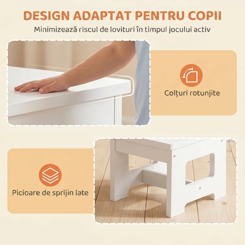 AIYAPLAY Set Masă și Scaun pentru Copii 3-6 Ani din Lemn cu Blat Reversibil, Colțuri Rotunjite, Alb
