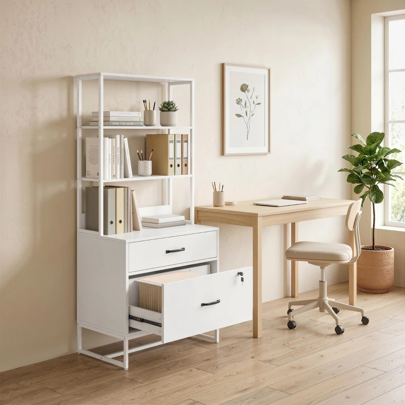 HOMCOM Mueble Archivador con Estantería 2 Cajones Encimera para Impresora Cerradura para A4 Letter Legal Blanco