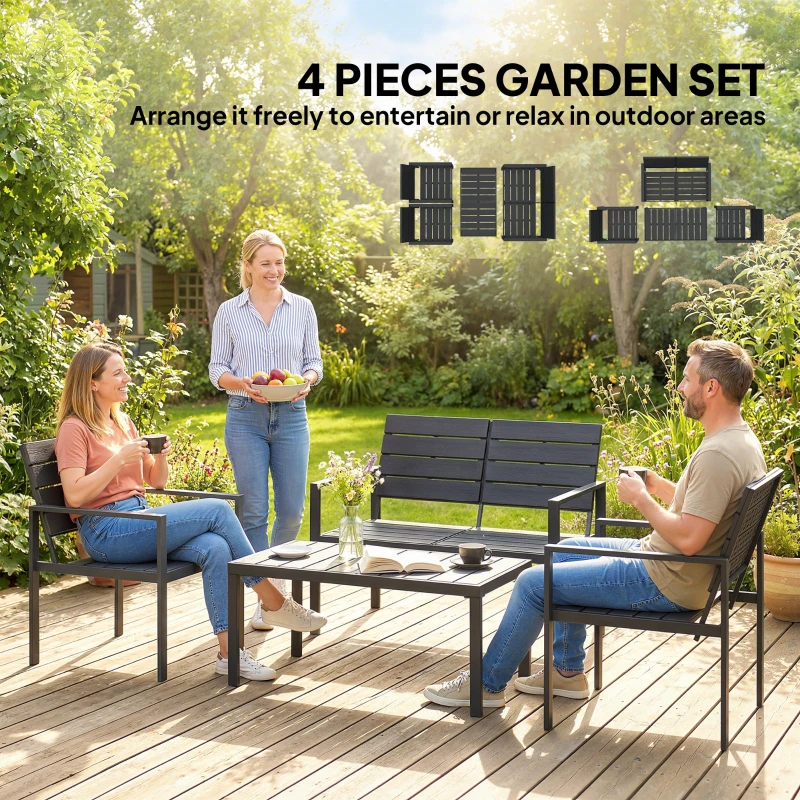Outsunny 4 Piece Garden Furniture Set, Outdoor Sofa Set with HDPE Slatted Loveseat Armchairs Coffee Table Metal Frame, Black