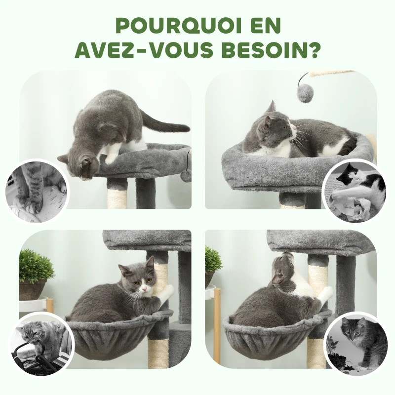 PawHut Arbre à chat tour de jeux pour chats griffoirs et tapis en sisal, plate-forme, niche, hamac, 40,5 x 40,5 x 103 cm, gris