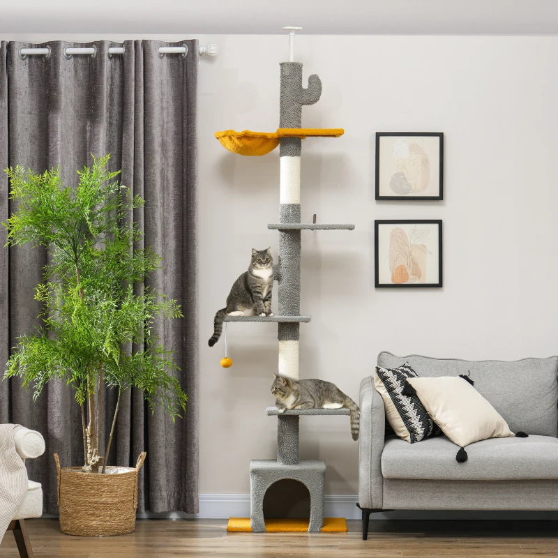 PawHut Arbre à chat, hauteur 275 cm, 6 niveaux pour chat d'intérieur, du sol au plafond, avec plate-formes, niche, gris clair