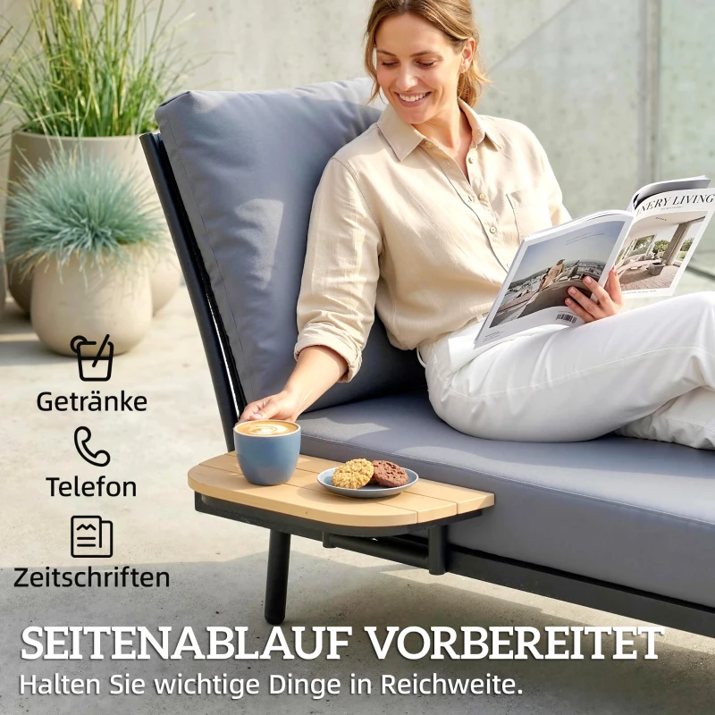 Outsunny Sonnenliege schmale Gartenliege mit dicke waschbare Kissen Seitenablage Bänder bis 120 kg UV-beständig