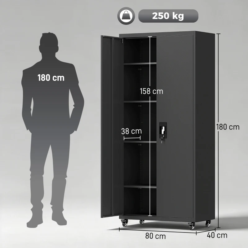 HOMCOM Armario de Herramientas de Acero 180 cm con Ruedas y Estantes Ajustables Negro