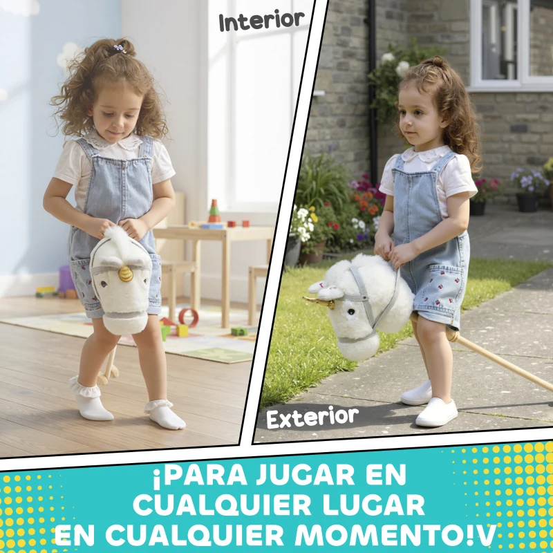 AIYAPLAY Cabeza de Caballo con Palo de Madera Diseño Unicornio Sonidos y Ruedas Caballo de Juguete 95 cm de Altura Blanco