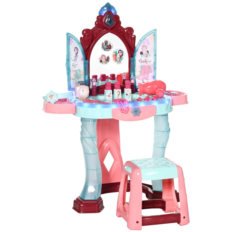 AIYAPLAY Coiffeuse Enfant Fille avec Miroir Magique, Musique, Plateaux, Tiroir et Accessoires, 3-6 Ans, 57x34x76cm, Multicolore