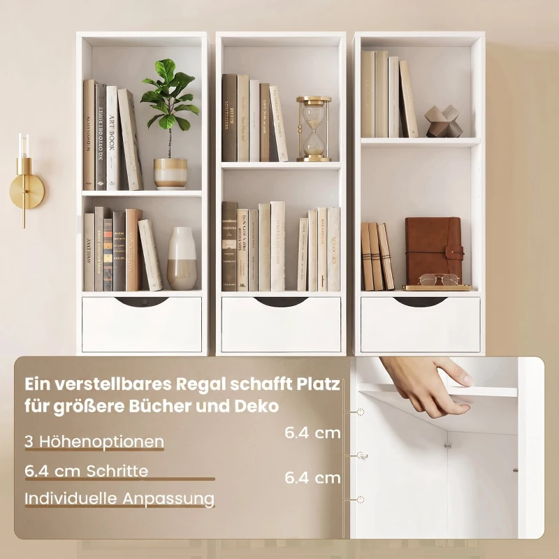 HOMCOM Boekenkast met 2 lades, smalle boekenkast met 3 open schappen, voor kantoor of slaapkamer, 30x24x158 cm, wit