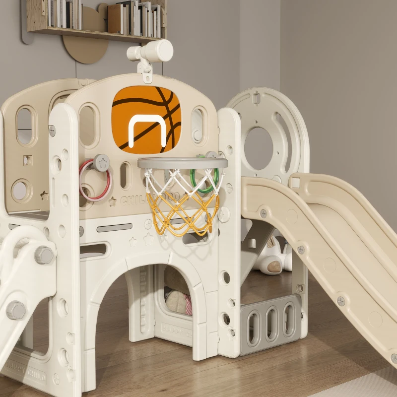 AIYAPLAY Kinderspeeltoestel, 7-in-1 glijbaan, indoor speelparadijs met opbergruimte en kruiptunnel, 186x153x111 cm, crèmewit(m-8)
