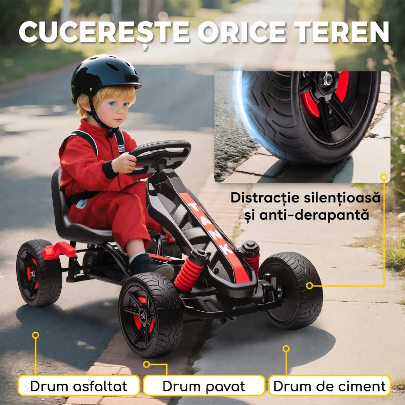 AIYAPLAY Kart cu pedale pentru copii 3-6 ani, max. 50 kg, cu suport pentru pahare și roți EVA antiderapante, roșu