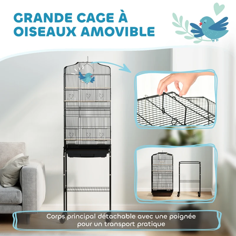 PawHut Cage à oiseaux sur pied volière oiseaux sur roulettes toit ouvrant 3 perchoirs étagère inférieure 46,5x36x157cm noir