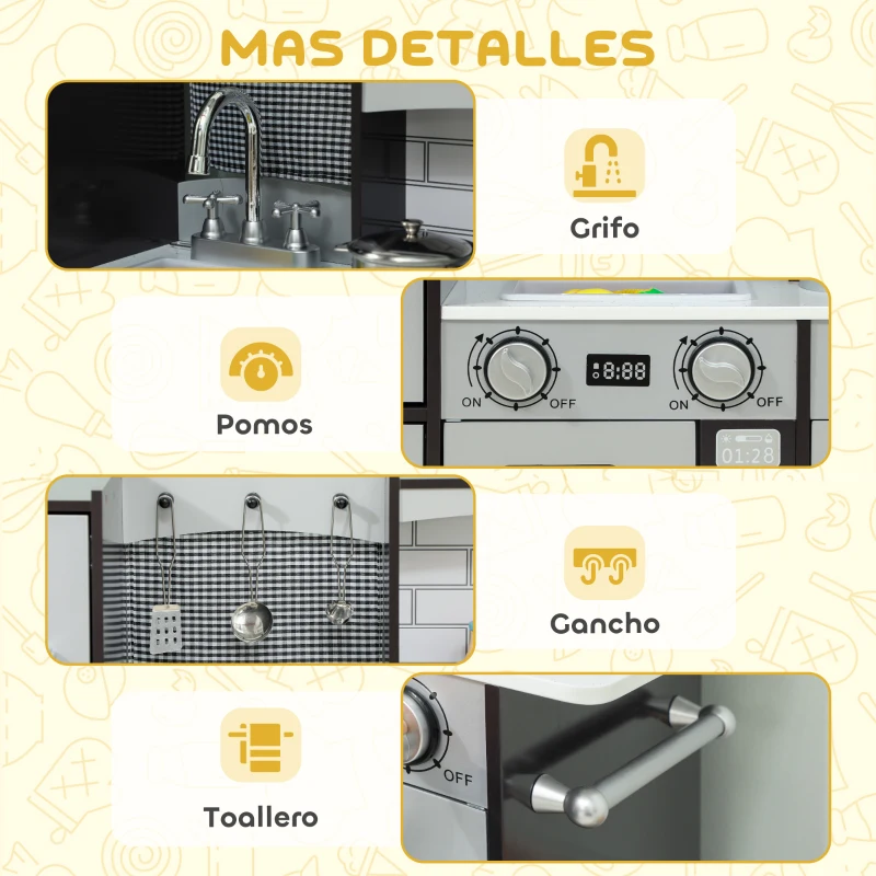 AIYAPLAY Cocina de Juguete de Madera con Sonido Accesorios de Acero Inoxidable para Niños a Partir de 3 Años Marrón Oscuro