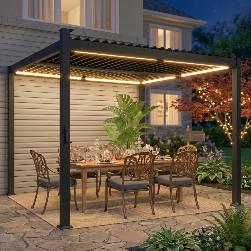 Outsunny Pergola 3 x 3 m Terrassenüberdachung mit Solar LED-Beleuchtung verstellbar Lamellendach Kurbelgriff Entwässerungsrinnen