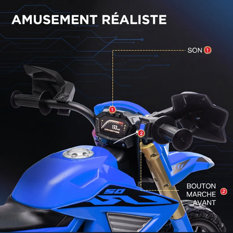AIYAPLAY Moto cross électrique pour enfants 3-8 ans, batterie 6 V, 2 moteurs, klaxon et roues d'entraînement, charge 30KG, bleu