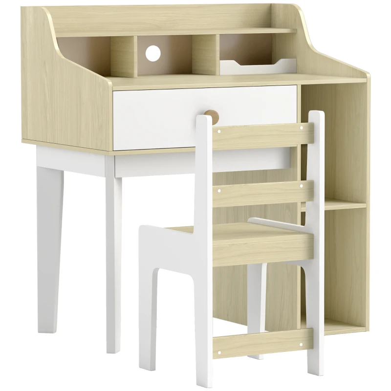 AIYAPLAY Set Scrivania per Bambini e Sedia in Legno con Scaffale e Cassetto, Età 3-10 Anni, Bianco e Legno