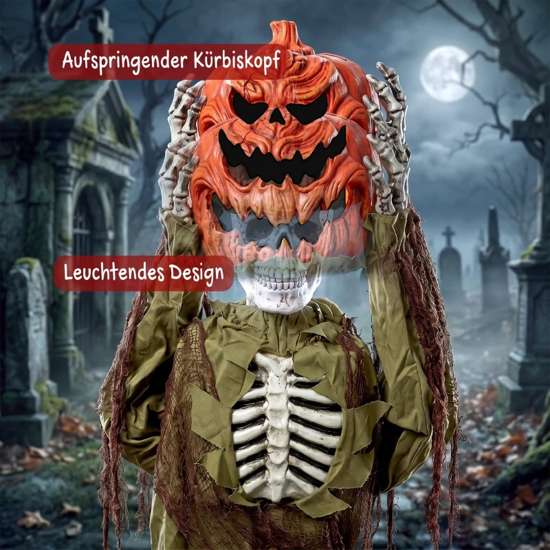 HOMCOM Geanimeerd pop-up pompoen-skelet, 173 cm, griezelige Halloween-decoratie met licht, geluid- en aanraakactivatie