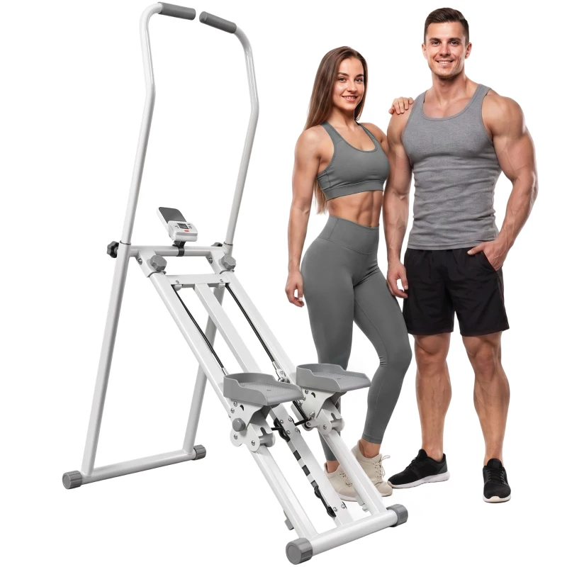 SPORTNOW Stepper d'Escalier Pliable, 3 Niveaux de Résistance, Hauteur Réglable, Écran LCD, Charge 150 kg, 90x50x133cm, Blanc