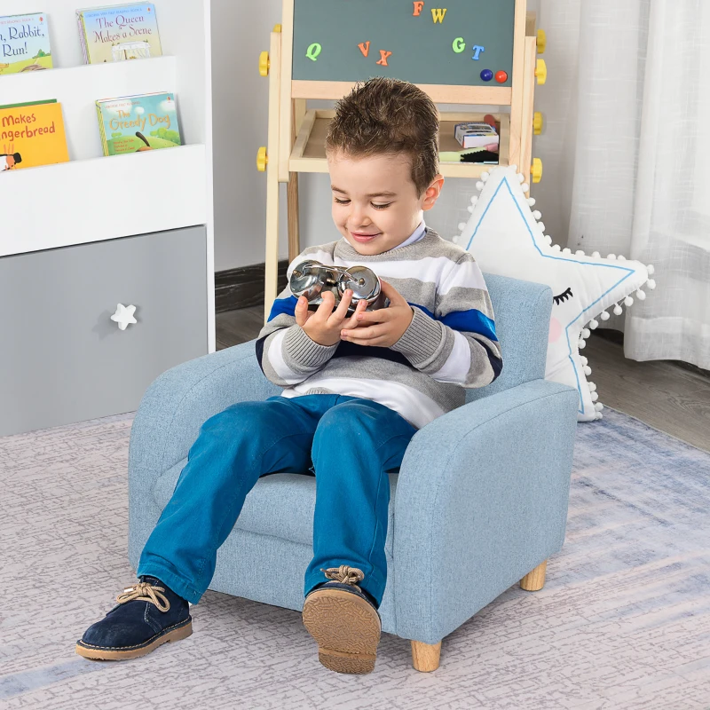 HOMCOM kinderfauteuil kinderbank met dik schuim en dikke zitkussens kinderbankstoel ligbank met anti-slip pootjes voor 3-6 jaar kinderen hout linnen schuim blauw 49x45x44,5 cm