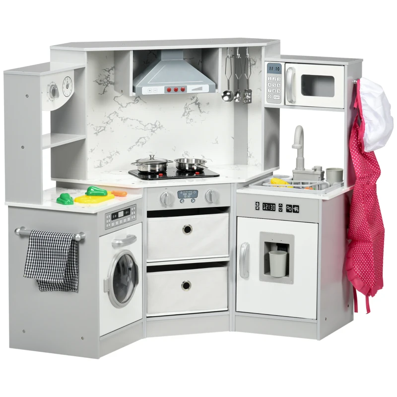 AIYAPLAY Cuisine enfant en bois avec 17 accessoires légumes en plastique boutons et lumières toque 3-6 ans gris blanc