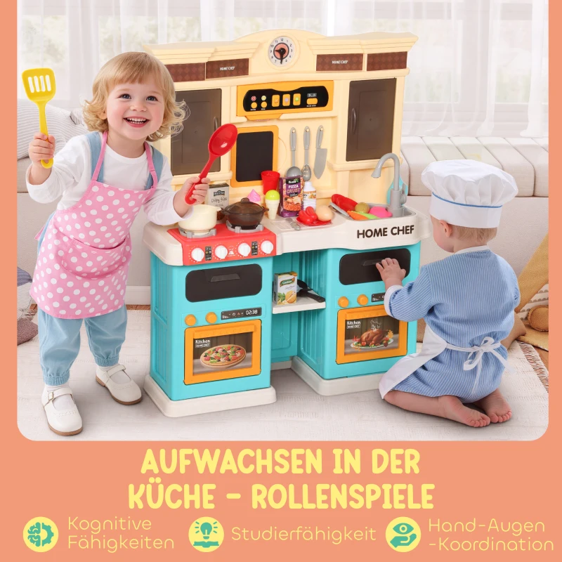 AIYAPLAY Spielküche mit fließendem Wasser, 85-teiliges Zubehör, elektrischer Wasserhahn, Lichter, Geräusche, für Kinder von 3-6 Jahren, Kunststoff, Grün