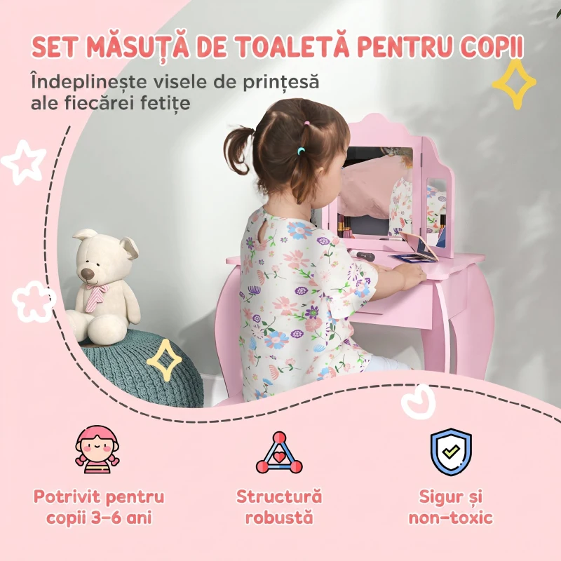 HOMCOM Măsuță de Toaletă pentru Copii cu Scăunel și Oglindă Triplă, din Lemn și Acrilic, 63 x 40 x 85,5 cm, Roz