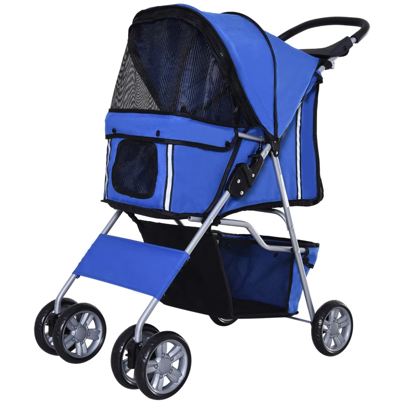 PawHut Pet Stroller for Small Miniature Dogs Cats Foldable Travel Carriage with Wheels Zipper Entry Cup Holder Storage Basket Blue