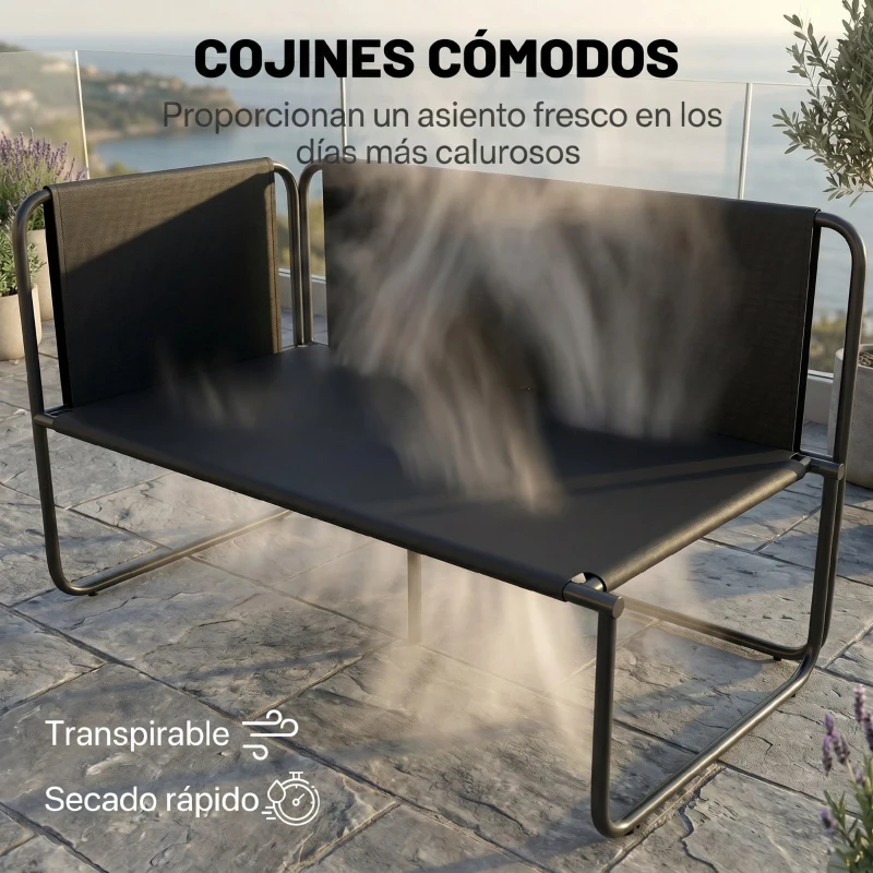 Outsunny Conjunto Jardín Exterior de 4 Piezas con 2 Sofás 2 Plazas 2 Mesas de Vidrio Cojines Fundas Extraíbles y Bolsillos Gris
