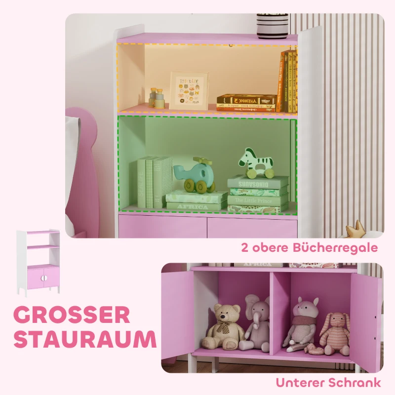 AIYAPLAY Boekenrek voor kinderen, 2 schappen, 2 kasten, vrijstaand, kantelbeveiliging, antislipvoetjes, MDF, Roze+Wit
