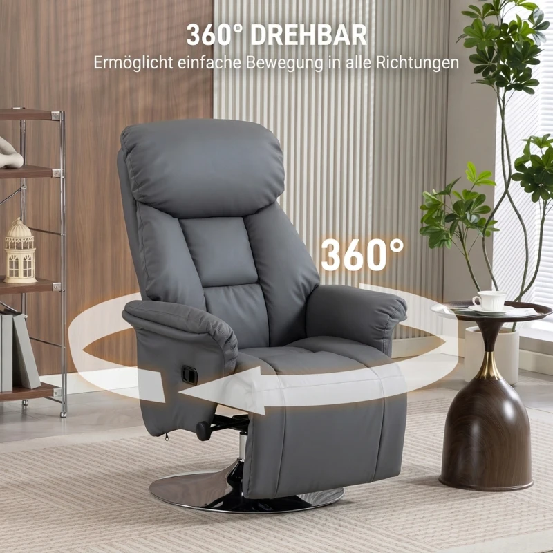 HOMCOM Relaxstoel met ligfunctie, lederlook, voetensteun, tot 120 kg, 78 x 80 x 109 cm, grijs