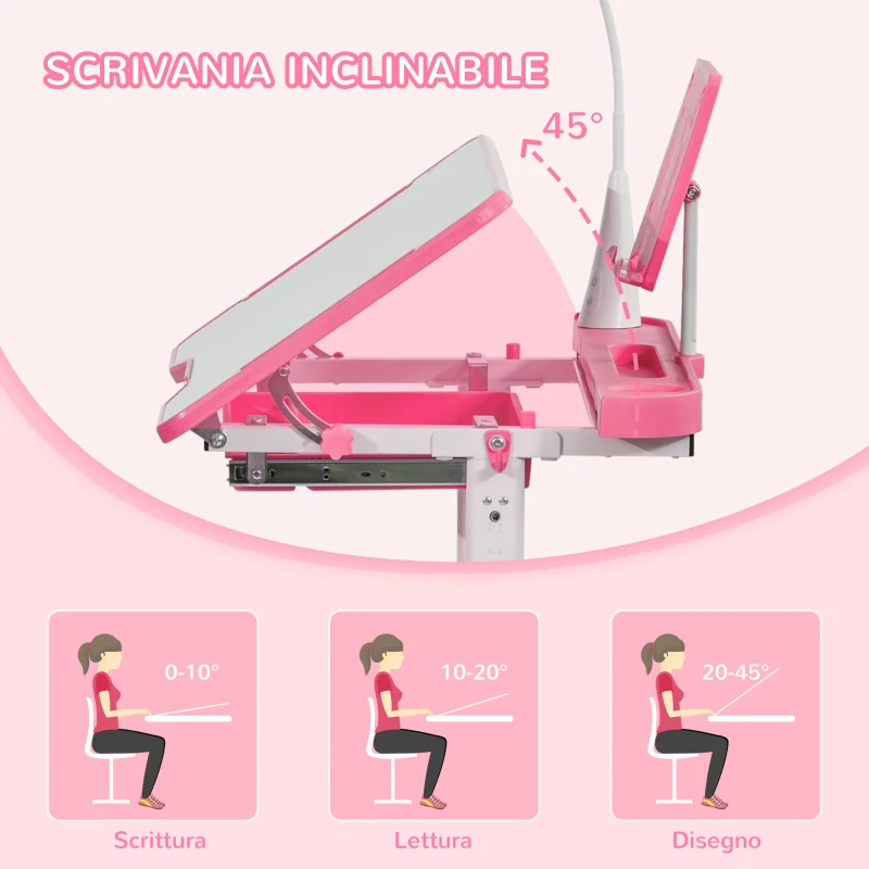 HOMCOM Set Scrivania per Bambini 6-12 Anni con Sedia Regolabile in Altezza, Cassetto, Luce e Piano Inclinabile, Rosa