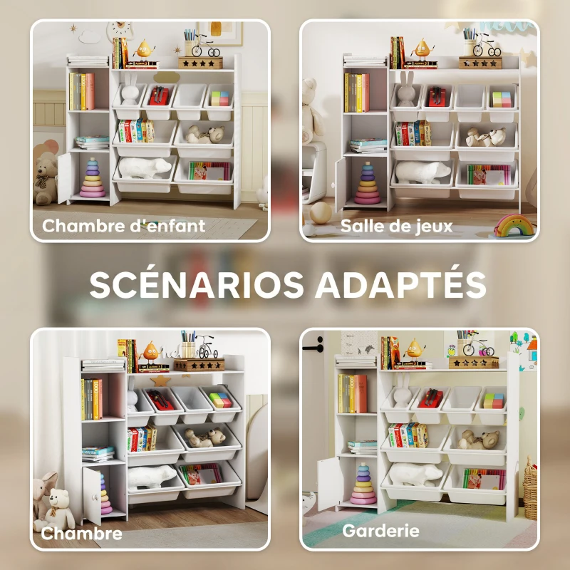 AIYAPLAY Meuble rangement enfant 3 à 8 ans, rangement jouets enfant avec 8 bacs amovibles, étagères de rangement, placard, blanc