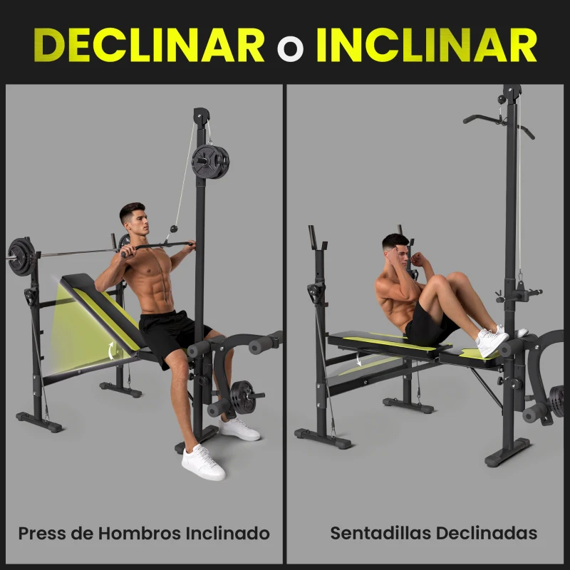 HOMCOM Banco de Pesas Multifuncional con Entrenador de Polea Banco de Musculación Reclinable con Altura Ajustable para Fitness Entrenamiento Completo en Gimnasio y Casa Carga 300 kg Negro