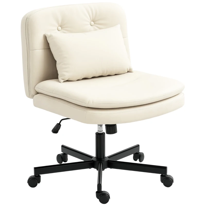 HOMCOM Armloze bureaustoel van kunstleer met wielen, bureaustoel met extra kussen, in hoogte verstelbaar, verrijdbaar, beige(m-10)